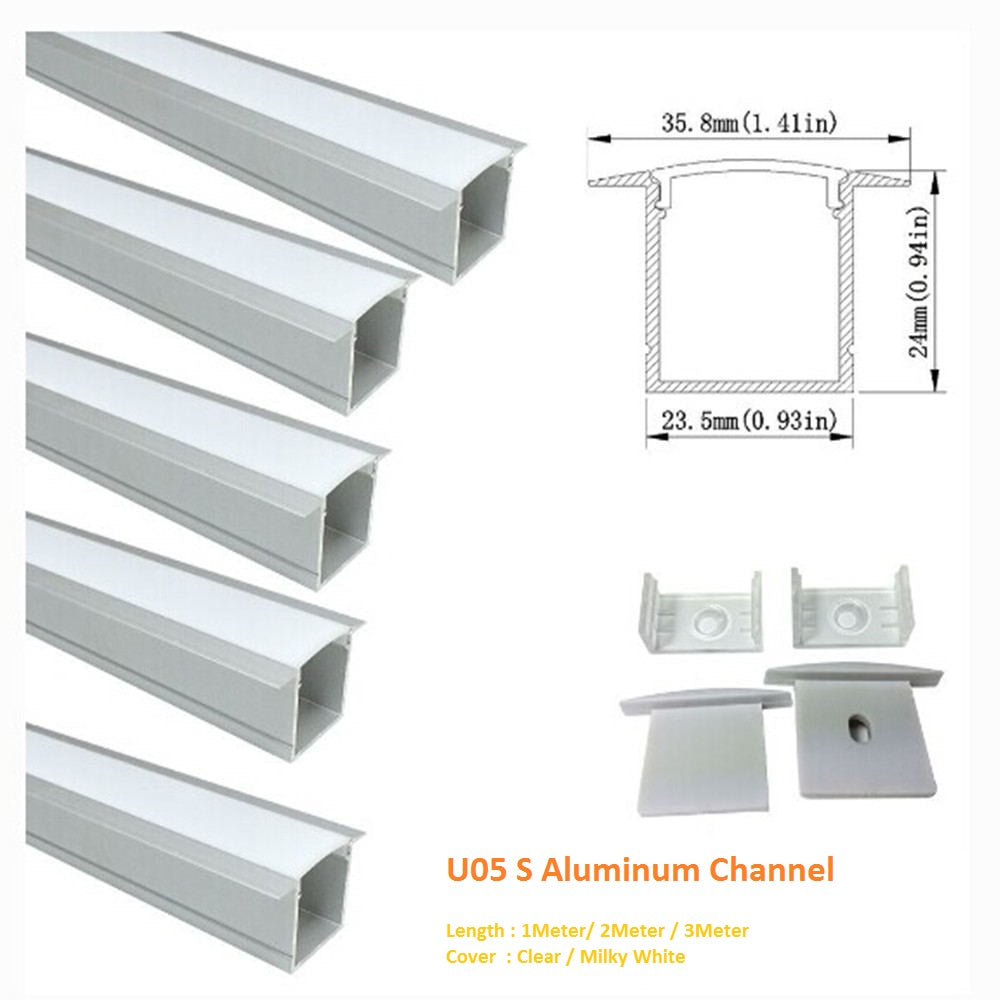 Silver U05 36x24mm U-Shape Internal Width 20mm LED Aluminum Channel System with Cover, End Caps and Mounting Clips Aluminum Profile for LED Strip Light Spot Free Installations