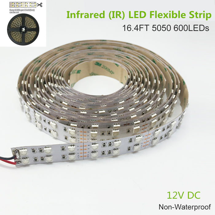 DC12V 5Meter/16.4ft 144W Tri-Chip SMD5050 600LEDs Double Row 850nm 940nm IR InfraRed Flexible LED Strips White PCB 60LEDs 14.4W Per Meter for Multitouch Screen, Night Light Application