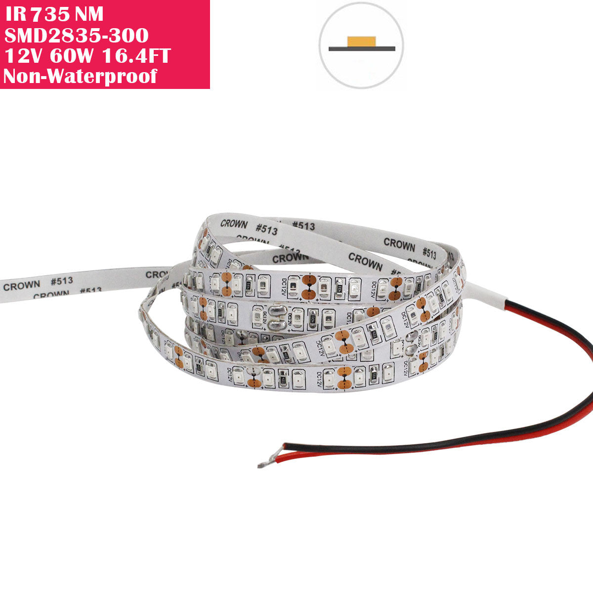 5 Meter (16.4 Feet) IR Infrared 735nm SMD2835-300 12VDC 60Watt 60LED/Meter  Flexible LED Strip Lights