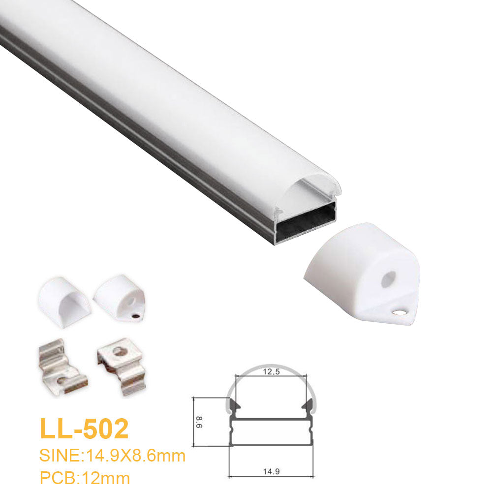 14,9 mm x 8,6 mm LED-Aluminiumprofil mit halbrunder milchig-weißer Abdeckung, Decken- oder Wandmontage für LED-Starrstreifen-Beleuchtungssystem