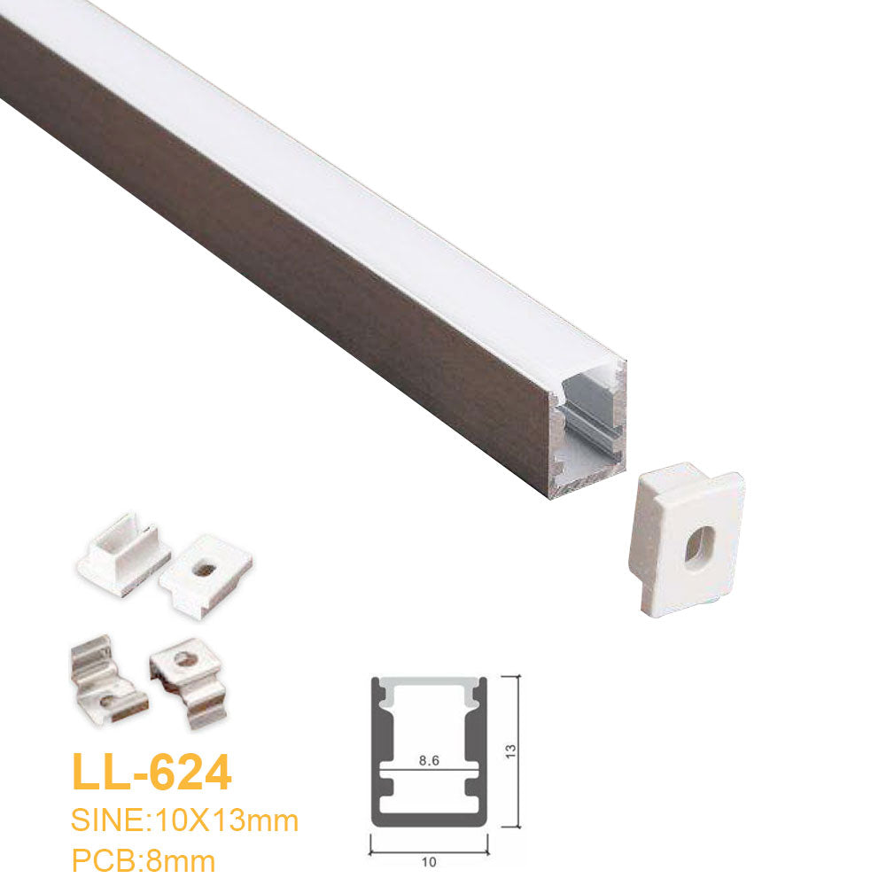 10 mm x 13 mm Mini-Aluminiumprofil für die Oberflächenmontage ohne Rand, quadratisch, mit flacher Abdeckung, Endkappen und Befestigungsklammern im Lieferumfang enthalten