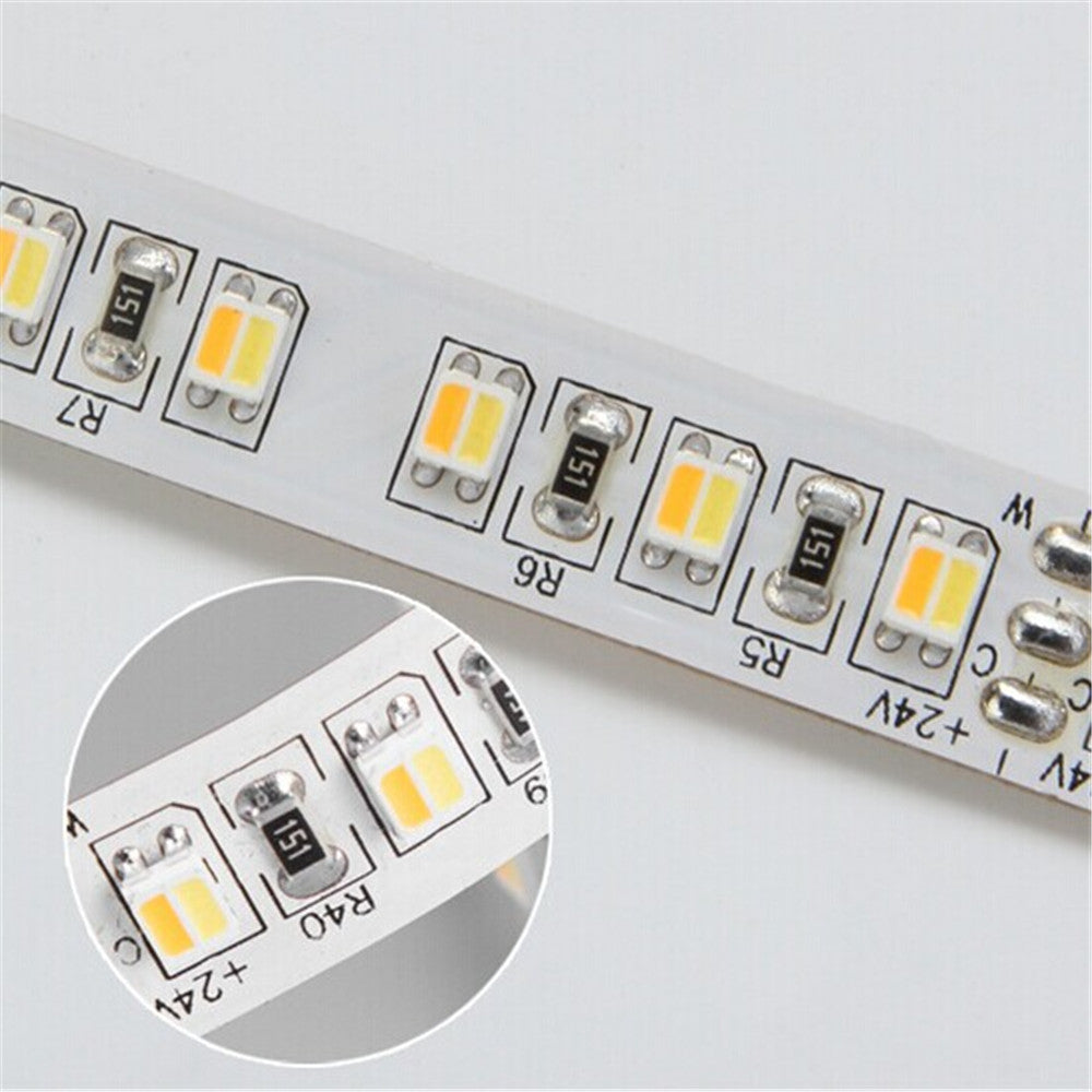 12VDC <48W 4Amp 16.4Feet (5Meter) per Roll SMD3528-600 2in1 Dual White LED Color Temperature CCT Adjustable Flexible LED Strip Light 60 LED 9.6Watt per Meter White PCB Tape Light
