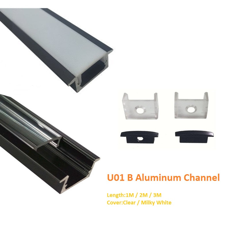 Black U01 9x23mm U-Shape Internal Profile Width 12mm LED Aluminum Channel System with Cover, End Caps and Mounting Clips for LED Strip Light Installations