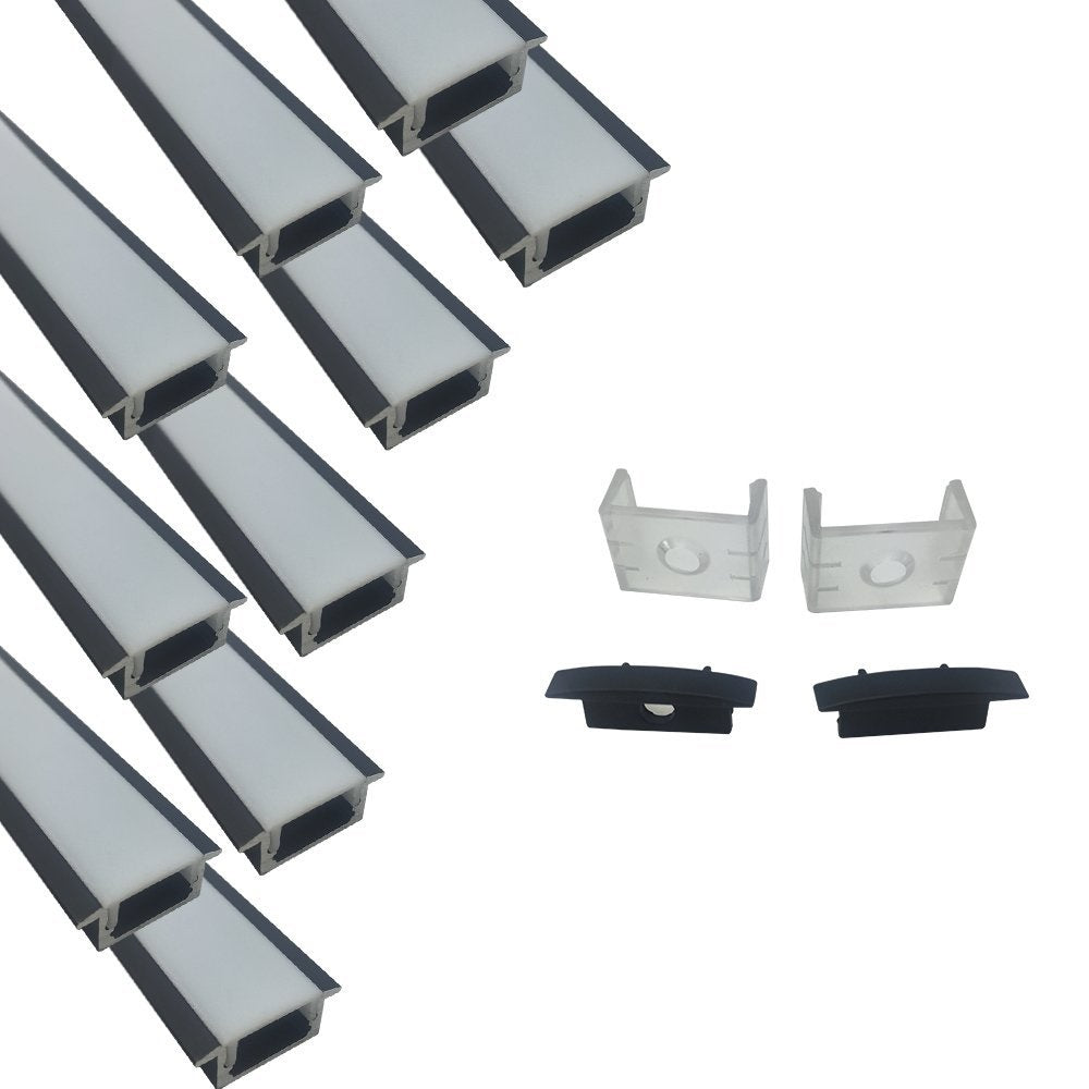 Schwarzes U01 9 x 23 mm U-förmiges Innenprofil, Breite 12 mm, LED-Aluminium-Kanalsystem mit Abdeckung, Endkappen und Befestigungsclips für die Installation von LED-Lichtstreifen