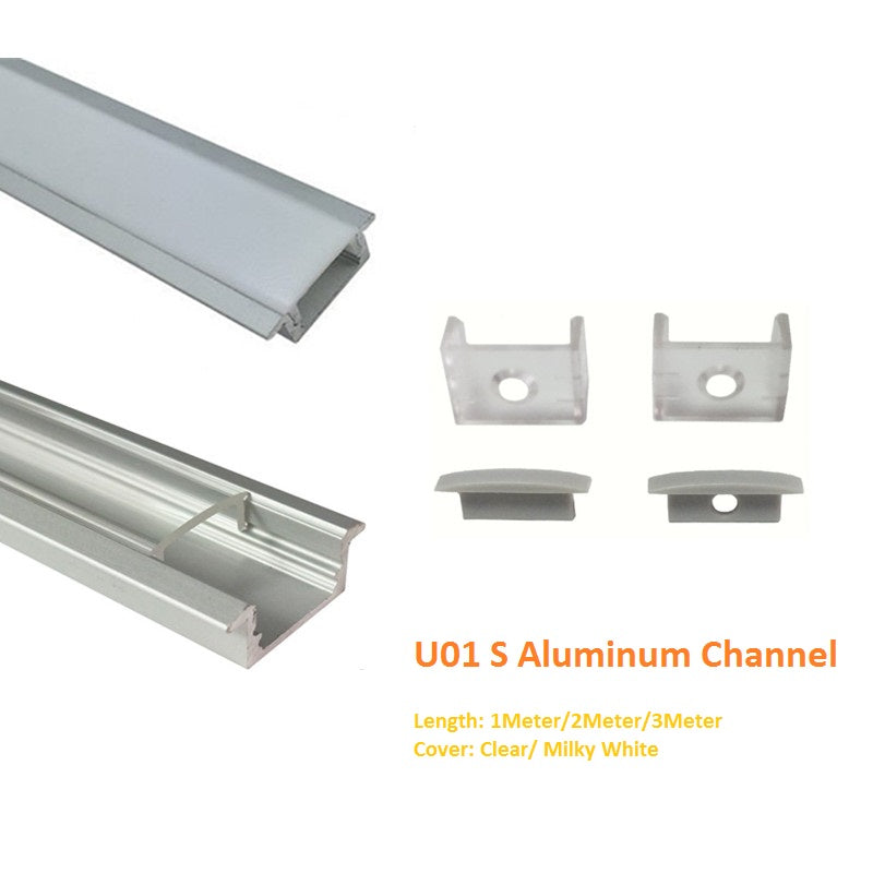 Silver U01 9x23mm U-Shape Internal Profile Width 12mm LED Aluminum Channel System with Cover, End Caps and Mounting Clips for LED Strip Light Installations