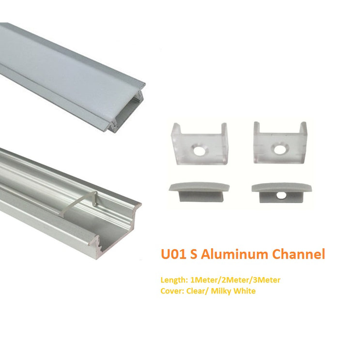 Silver U01 9x23mm U-Shape Internal Profile Width 12mm LED Aluminum Channel System with Cover, End Caps and Mounting Clips for LED Strip Light Installations