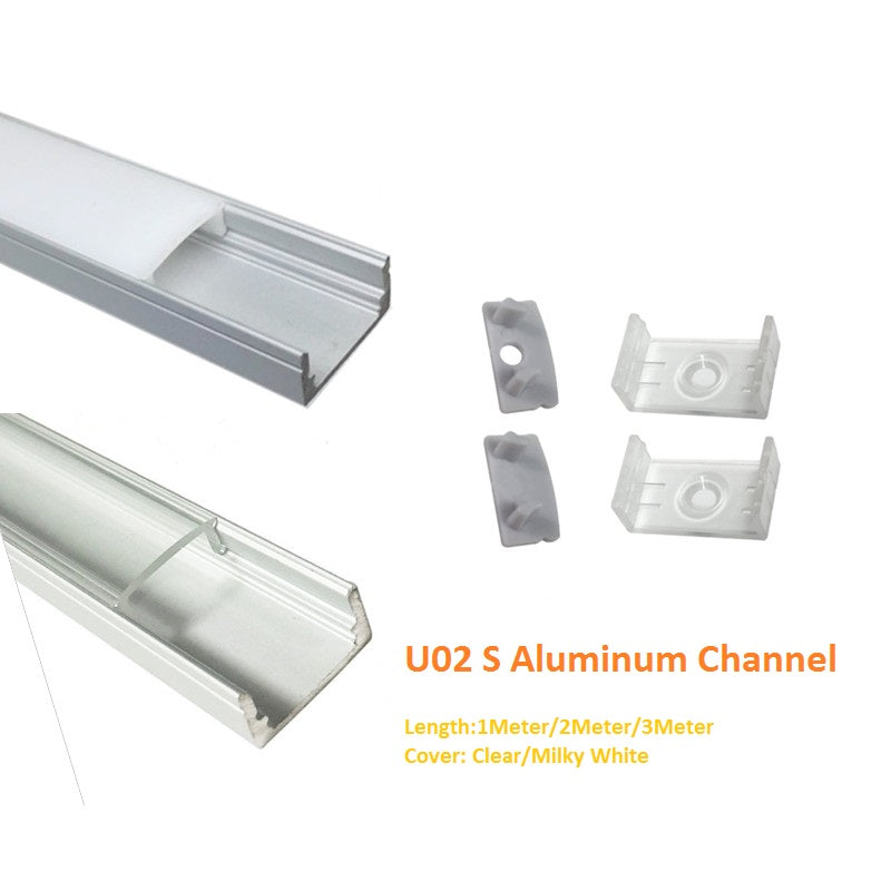 Silver U02 9x17mm U-Shape Internal Profile Width 12mm LED Aluminum Channel System with Cover, End Caps and Mounting Clips for LED Strip Light Installations