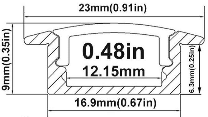 Silver U01 9x23mm U-Shape Internal Profile Width 12mm LED Aluminum Channel System with Cover, End Caps and Mounting Clips for LED Strip Light Installations