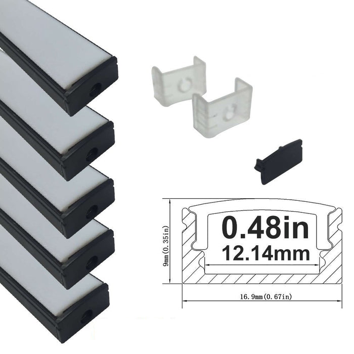 Black U02 9x17mm U-Shape Internal Profile Width 12mm LED Aluminum Channel System with Cover, End Caps and Mounting Clips for LED Strip Light Installations