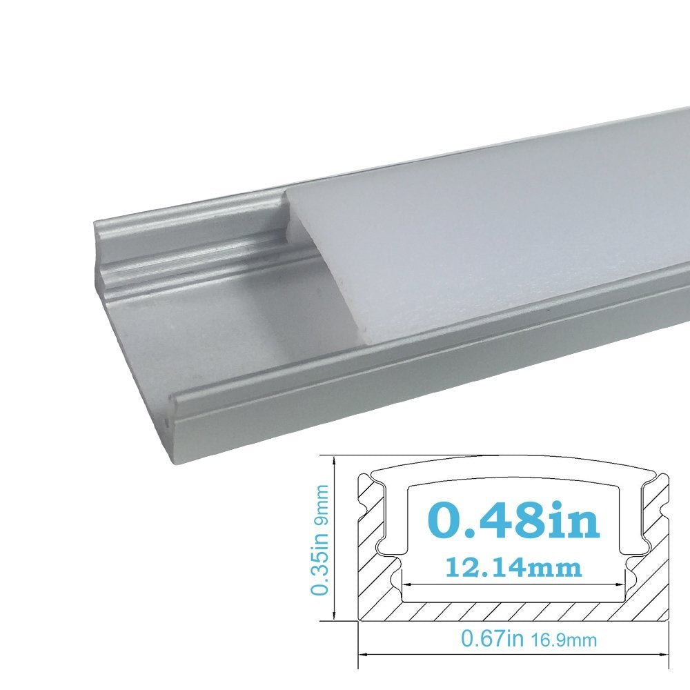 Silver U02 9x17mm U-Shape Internal Profile Width 12mm LED Aluminum Channel System with Cover, End Caps and Mounting Clips for LED Strip Light Installations