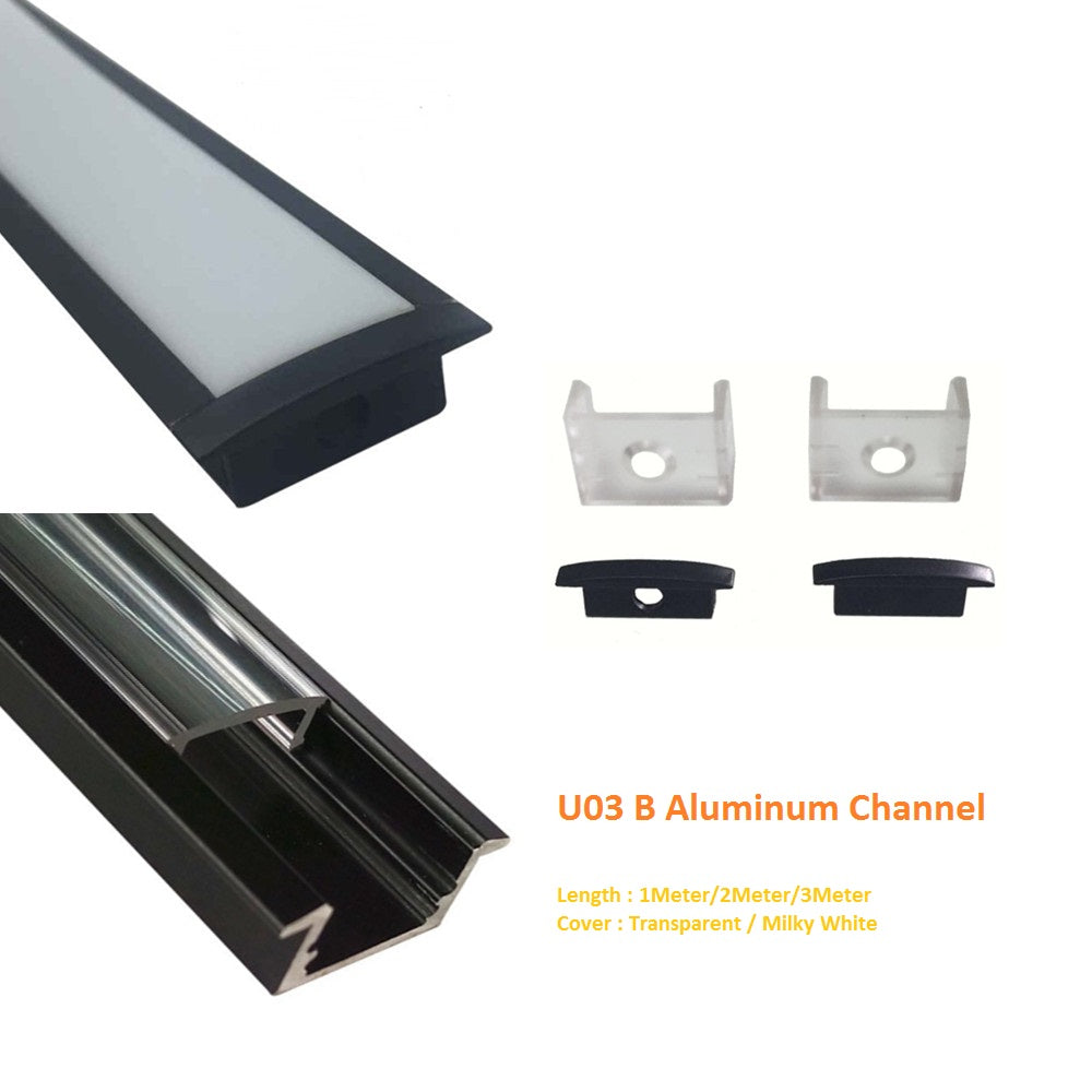 Schwarzes U03 10 x 30 mm U-förmiges Innenmaß 20 mm LED-Aluminium-Kanalsystem mit Abdeckung, Endkappen und Befestigungsklammern Aluminiumprofil für die Installation von LED-Lichtstreifen