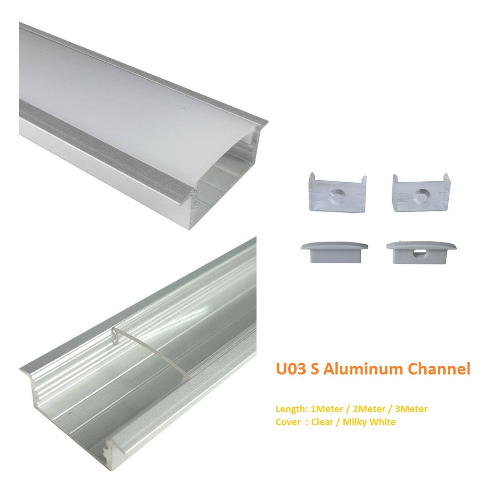 Silver U03 10x30mm U-Shape Internal Width 20mm LED Aluminum Channel System with Cover, End Caps and Mounting Clips Aluminum Profile for LED Strip Light Installations