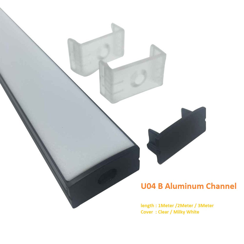 Schwarzes U04 10 x 23 mm U-förmiges Innenmaß 20 mm LED-Aluminium-Kanalsystem mit Abdeckung, Endkappen und Befestigungsklammern, Aluminium-Strangpressprofil für die Installation von LED-Lichtstreifen