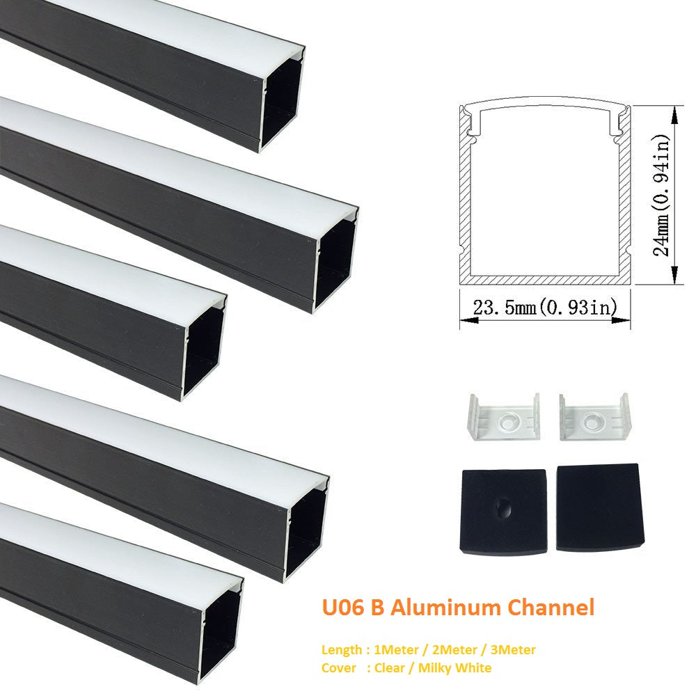 Black U06 24x24mm Silver U Shape LED AluminumBlack Channel Internal width 20mm with White Diffuser Cover, End Caps and Mounting Clips for LED Strip Light Spot Free Installations