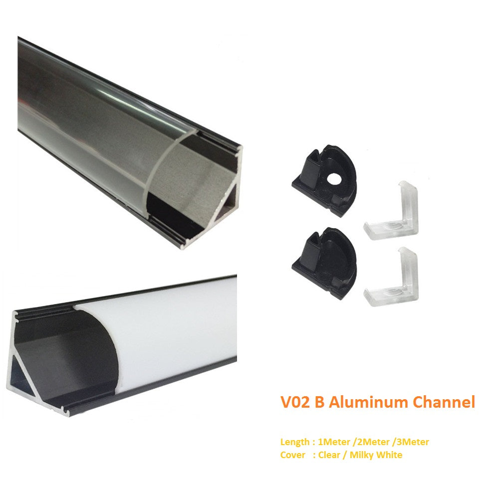 Black V02 16x16mm V-Shape Curved Cover Channel Internal Width 12mm Corner Mounting LED Aluminum Channel with End Caps and Mounting Clips Aluminum Profile