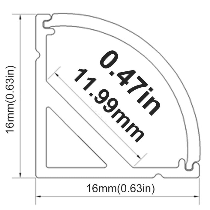 Silver V02 16x16mm V-Shape Curved Cover Channel Internal Width 12mm Corner Mounting LED Aluminum Channel with End Caps and Mounting Clips Aluminum Profile