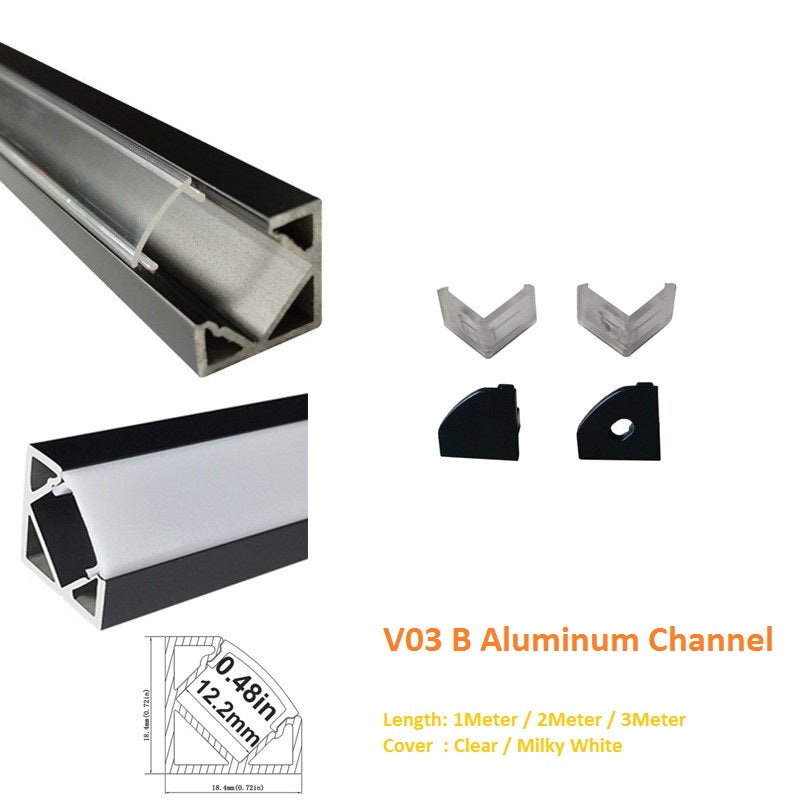 Black V03 18x18mm V-Shape Internal Width 12mm Corner Mounting LED Aluminum  Channel with Clear/Milky White Cover, End Caps and Mounting Clips for