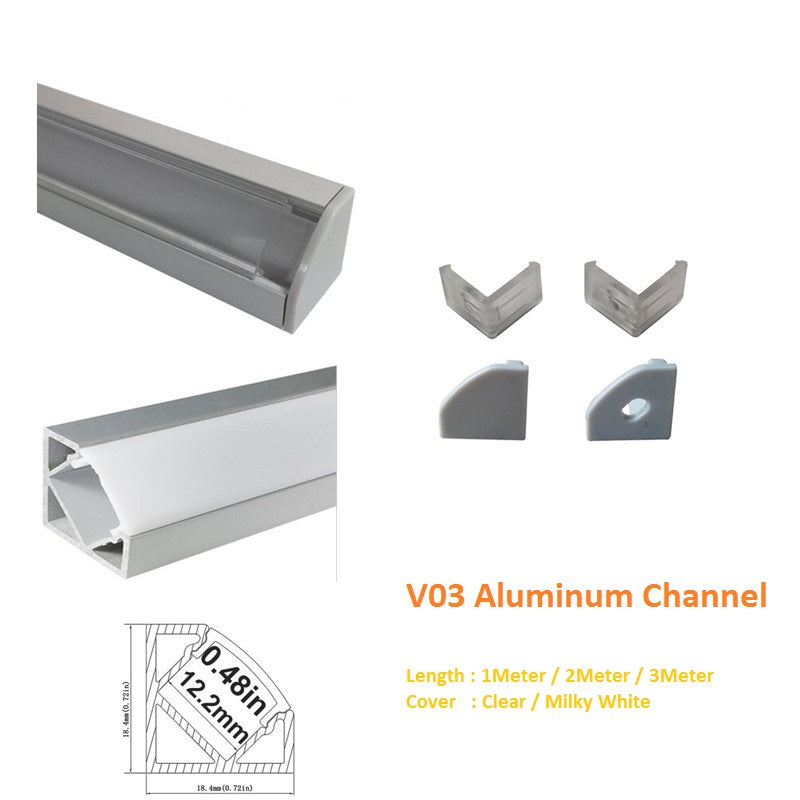 Silver V03 18x18mm V-Shape Internal Width 12mm Corner Mounting LED Aluminum Channel with Clear/Milky White Cover, End Caps and Mounting Clips for Flex/Hard LED Strip Light