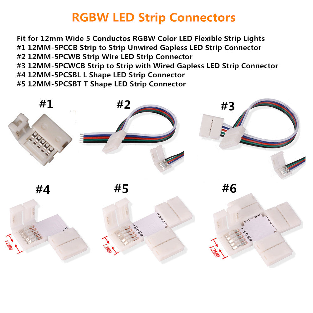 10PCS PACK RGBW LED Strip Connectors Solderless Snap Down 5Conductor Connectors for 12mm Wide SMD5050 RGBW Color Flex LED Strips